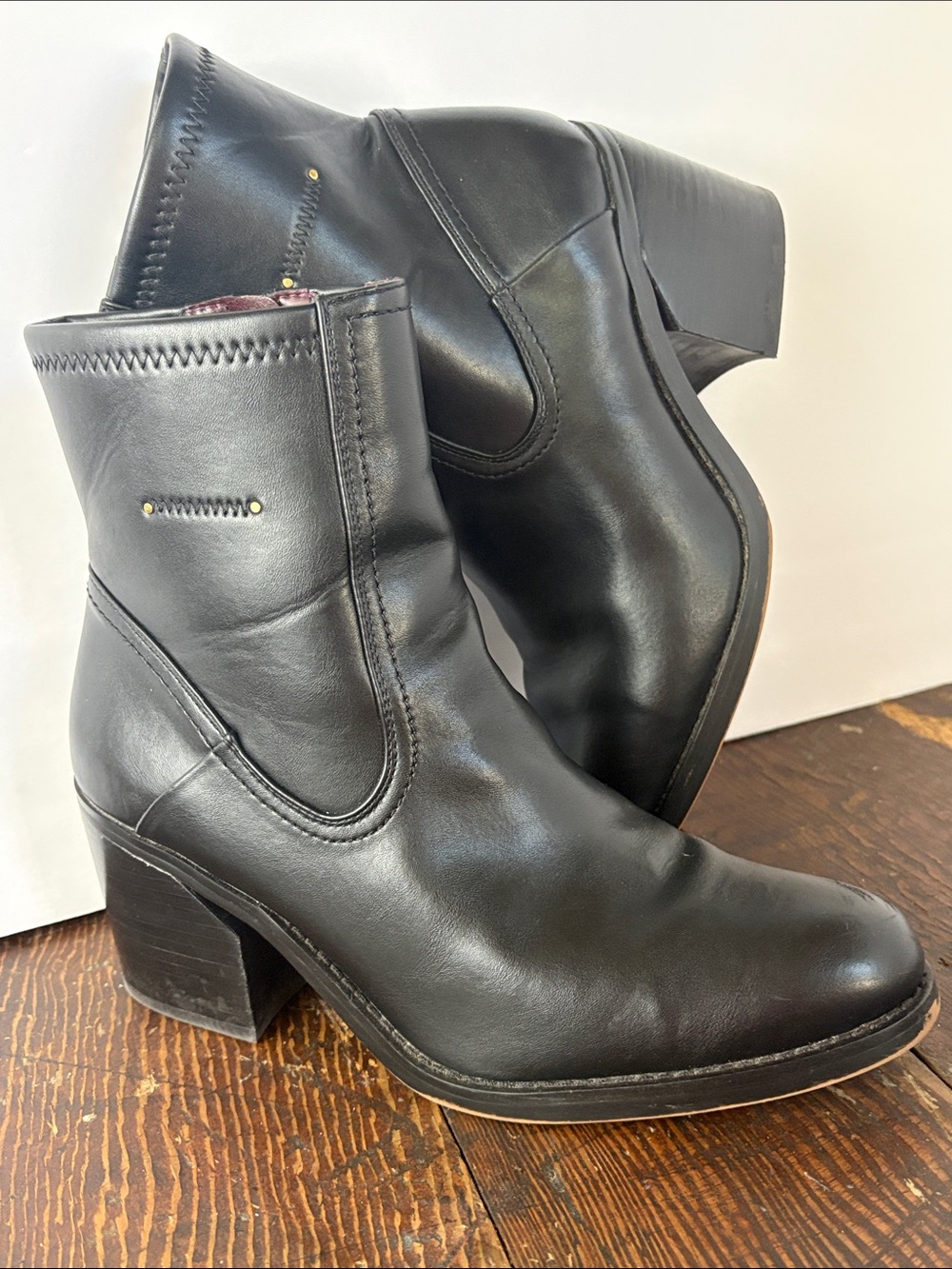 Franco Sarto Abril Black Block Heel Ankle Boots Unique Heel Size 9.5